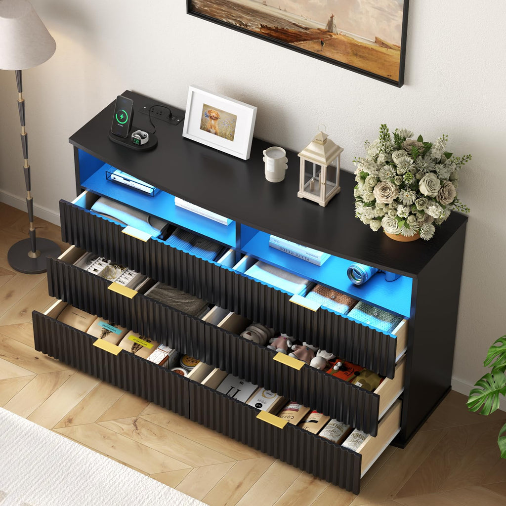 6-Drawer Dresser with 2 Open Cubbies, LED & Power Outlet
