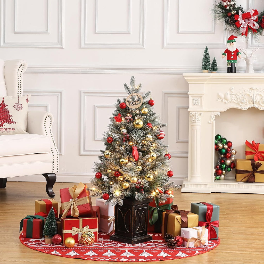 3 ft Pre-Lit Artificial Christmas Tree Tabletop with 78 Warm White Lights, Flocked Potted Christmas Tree with Berry