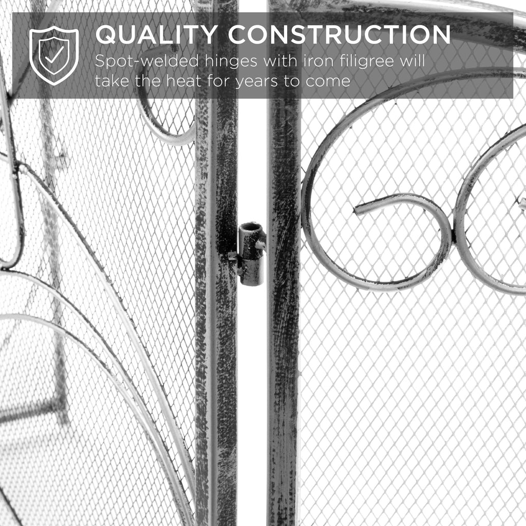 3-Panel 55x33in Solid Wrought Iron See-Through Metal Fireplace Screen, Spark Guard Safety Protector w/Decorative