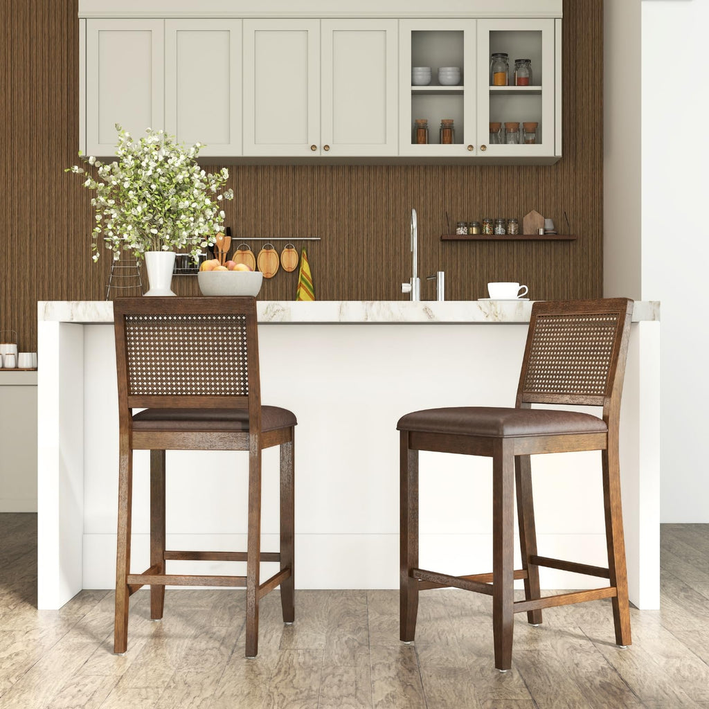 26" Rattan Bar Stools Set of 6, Farmhouse Faux Leather Upholstered Counter Height Stools with Cane Woven Back