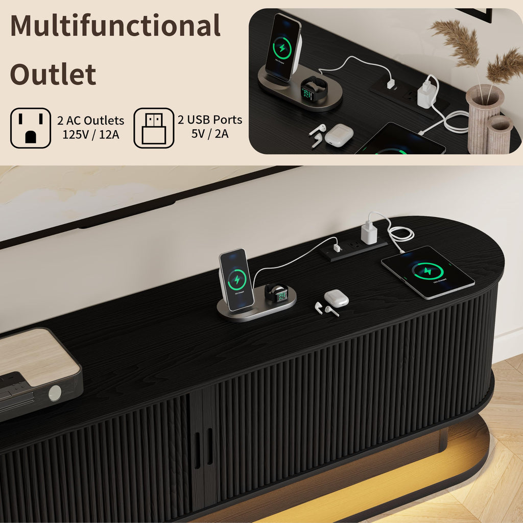 70" Fluted TV Stand with Power Outlet for TVs up to 80", Mid Century Modern TV Console with LED Lights and