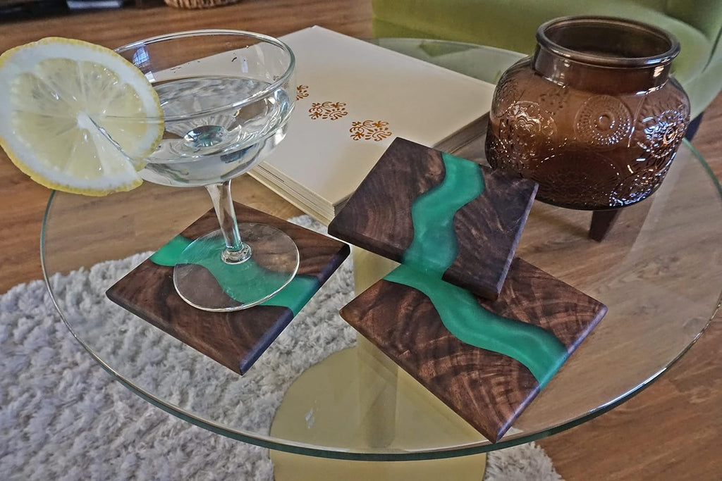 Wood Coaster Set for Drinks | Handmade with Dark Walnut & Natural Wood Sealant Finish for Water Resistance, Easy - Set of 4