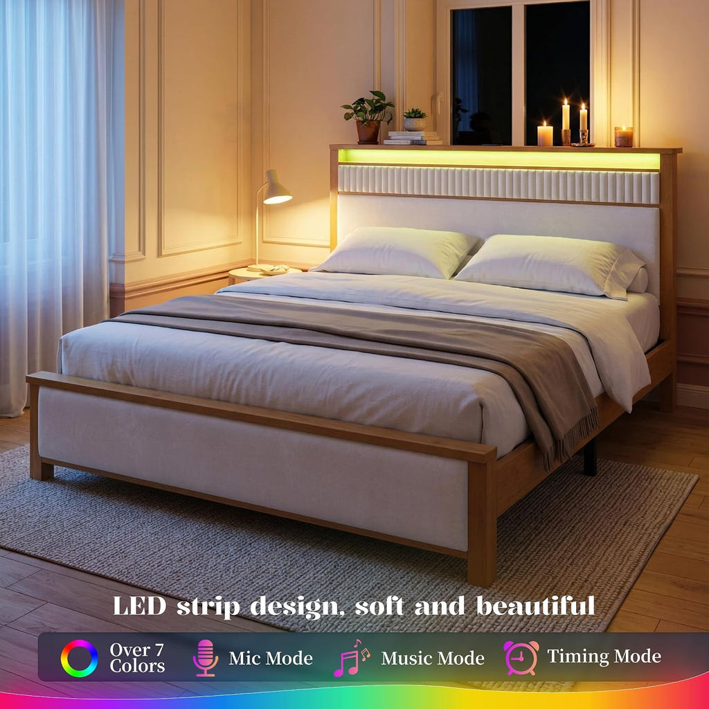Solid Wood Queen Size Bed Frame with Storage Headboard & LED Lights
