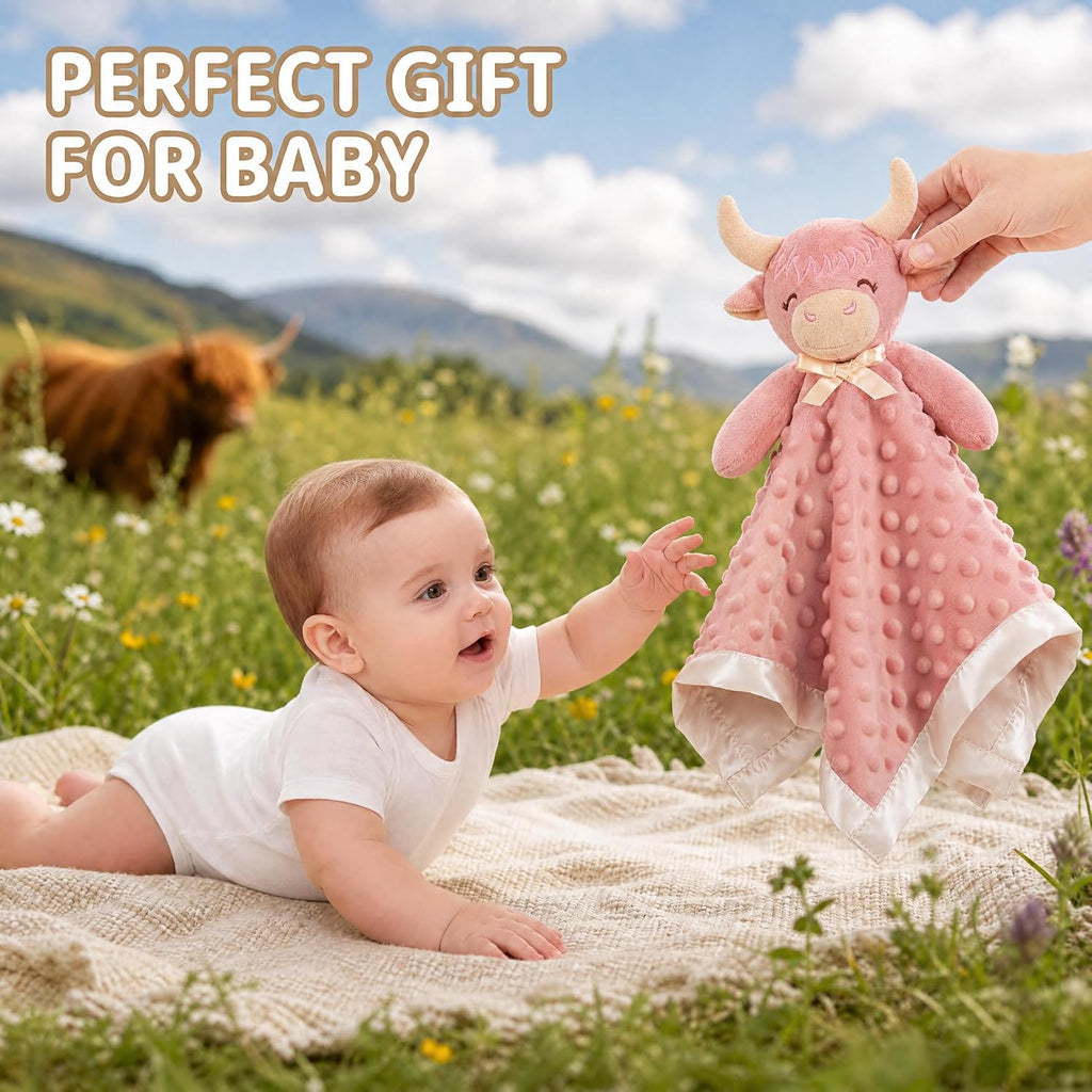 Highland Cow Security Blanket Soft Loveys for Babies for Boys and Girls Newborn Lovie Infant Blankie Cow Baby Stuff