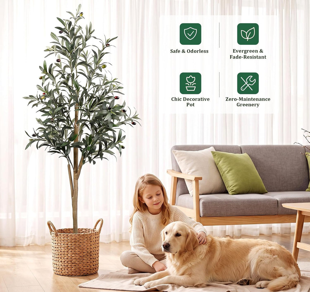 Artificial Olive Tree 6FT with Natural Wood Trunk, Realistic Silk Leaves