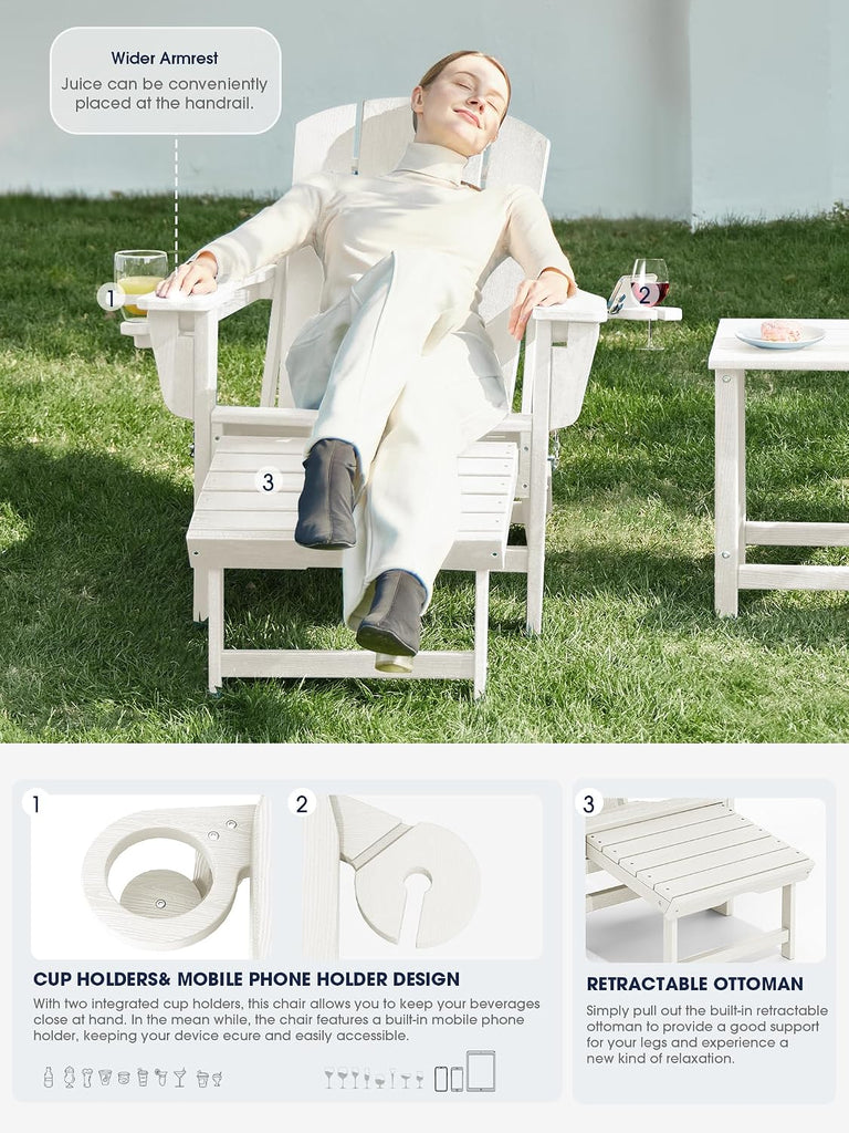 Folding Adjustable Adirondack Chair with Ottoman & 2 Cup Holders Set of 2, HDPE Adirondack Recliner Chair with