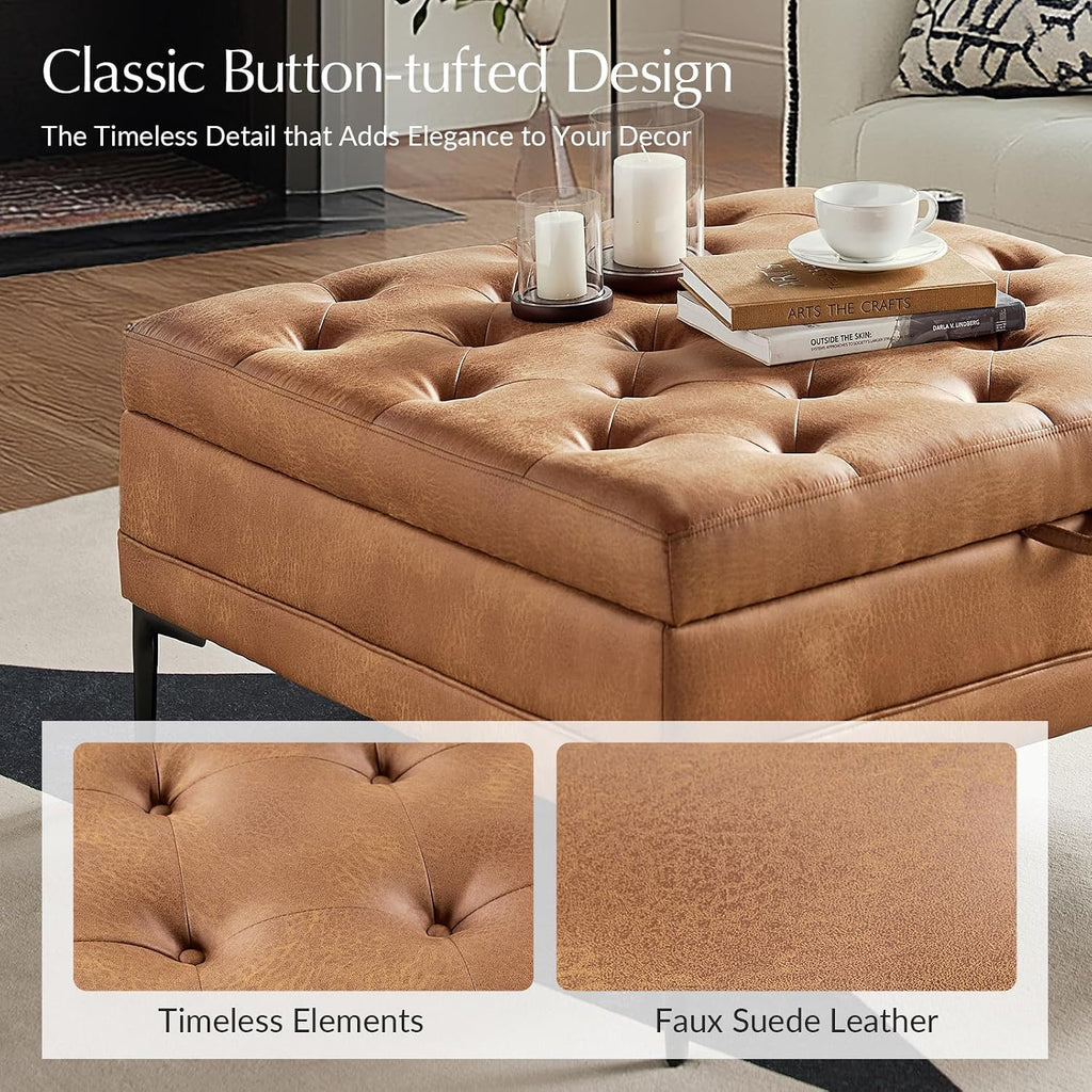 Tufted Faux Leather Coffee Table, Camel | 36.5" Square Storage Ottoman with Metal Legs, Large Upholstered Ottoman for