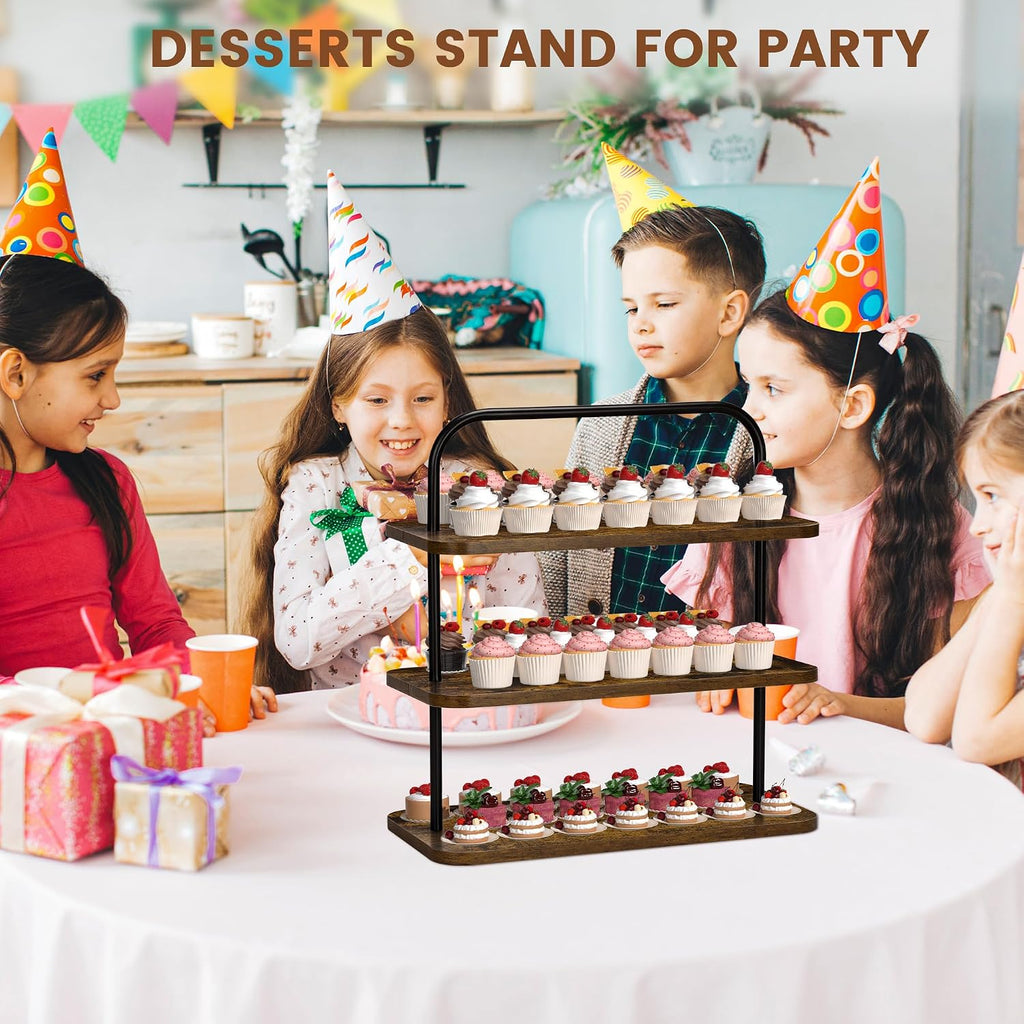 3-Tier Rustic Wood Cupcake Stand with Metal Handles, Farmhouse Style Display for 50 Mini Cupcakes