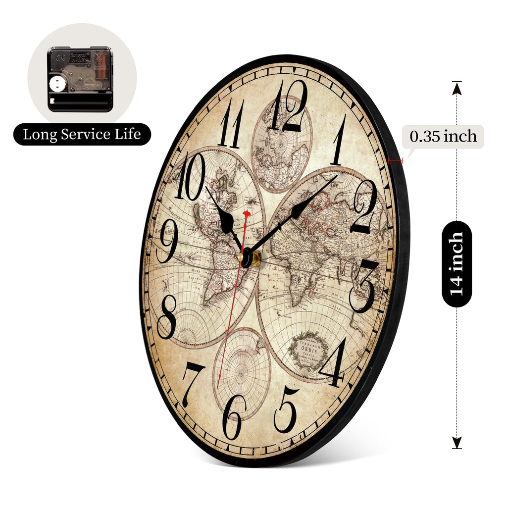 14in Vintage Wooden World Map Wall Clock Silent Rustic Large Kitchen Decor