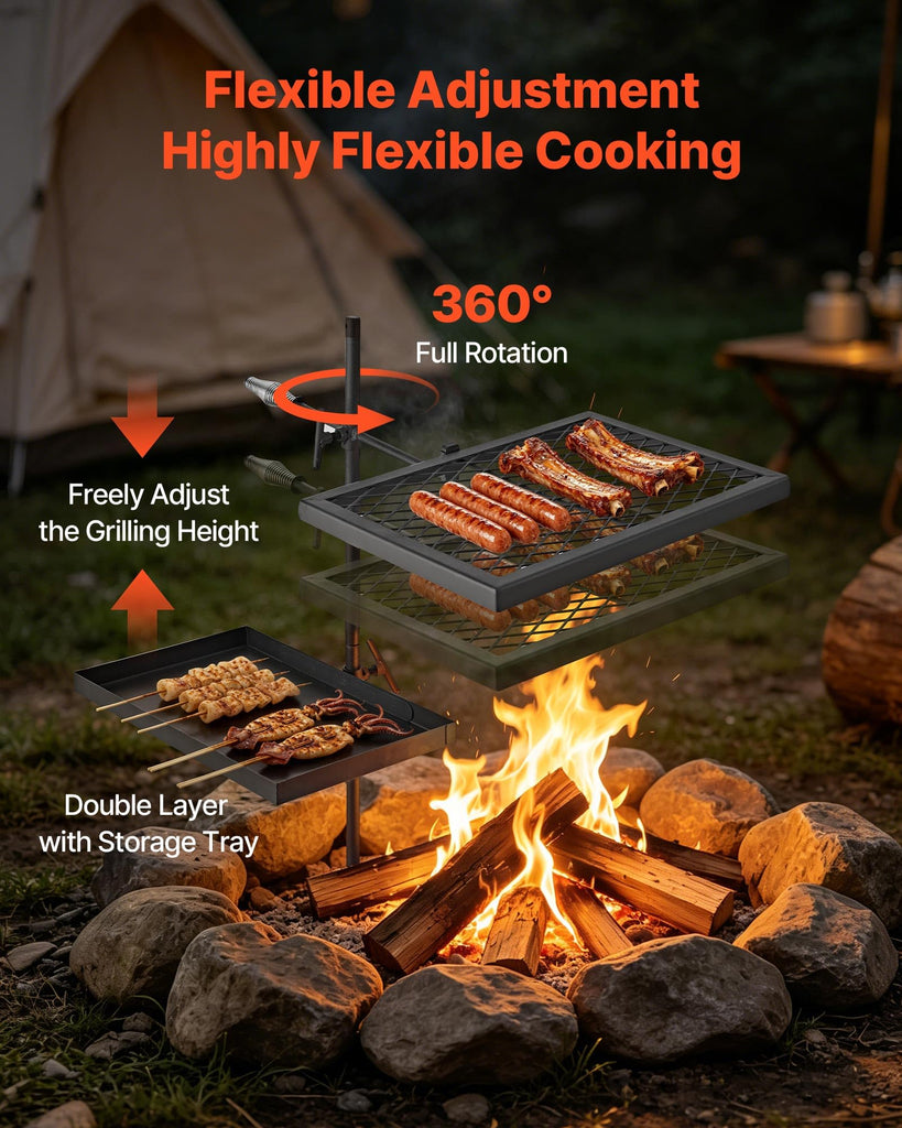 Heavy Duty Swivel Campfire Grill, Double Layer Portable Camping Grill Grate & Griddle, Sturdy Steel BBQ Mesh, 360°