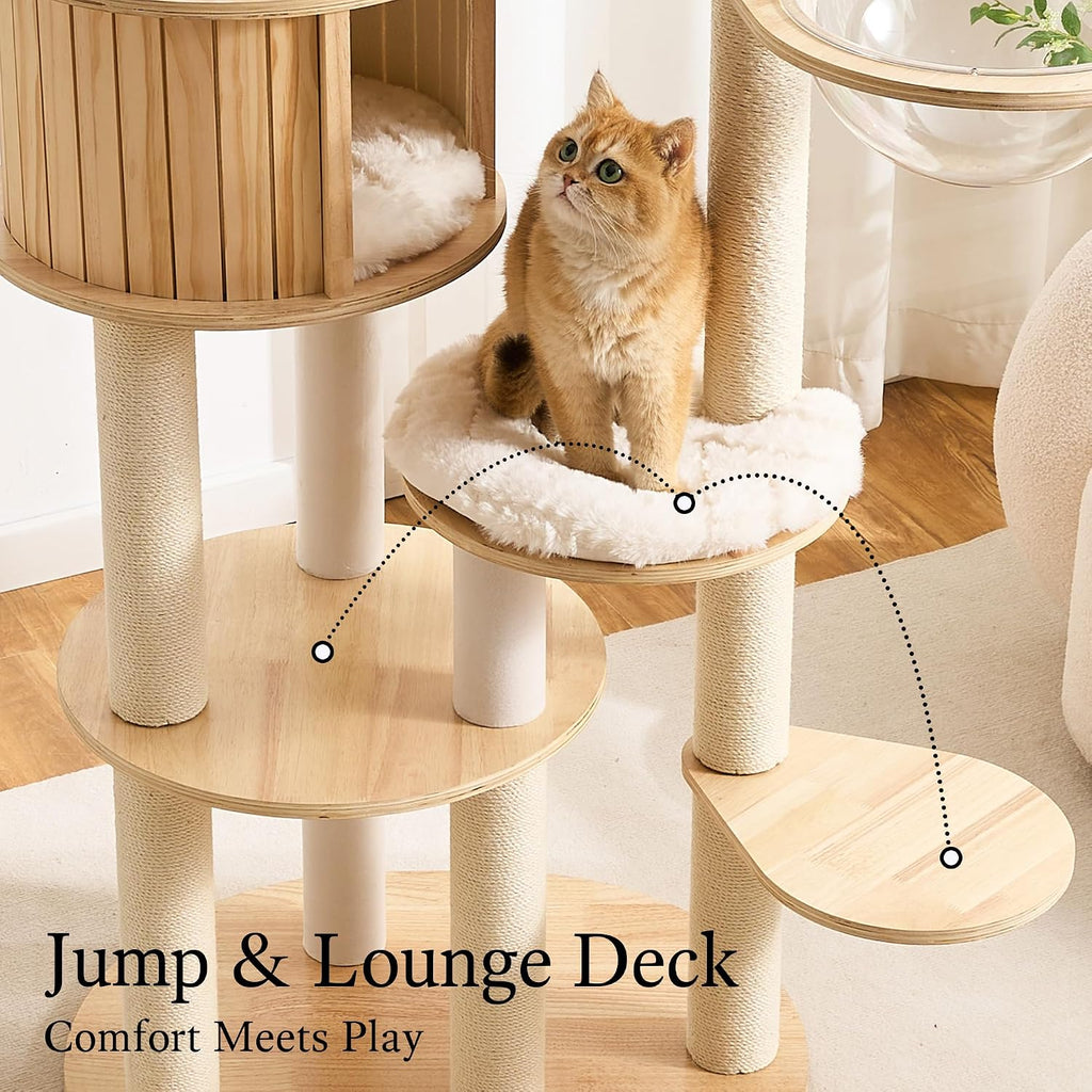 Wood Modern Cat Tree, 65" Cat Tower with Sisal Scratching Posts, Cat Condo, Capsule and Bed, Solid Wooden Aesthetic