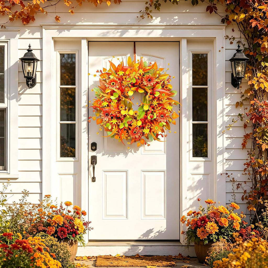 Fall Wreath for Front Door, 24 Inch Autumn Wreath with Berries,Lemon Leaves, Oak Leaves, and Maple Leaves Fall