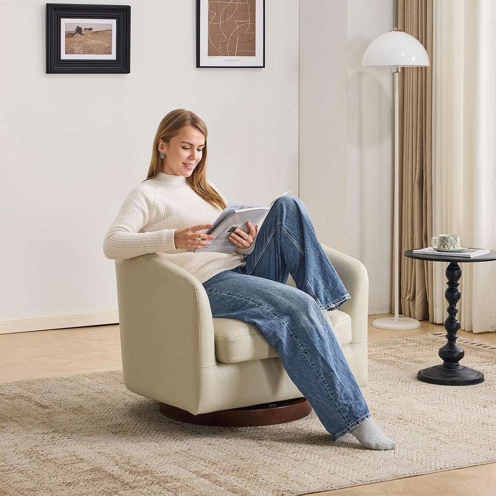 Genuine Leather Swivel Accent Chair, Barrel Chair, Soft Greige