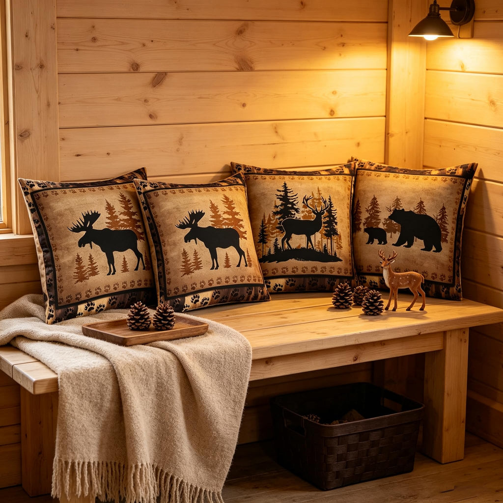Set of 4 Vintage Bear Throw Pillow Covers, Cabin Deer Hunting Cushion Case Living Room Decor, Reversible Farmhouse