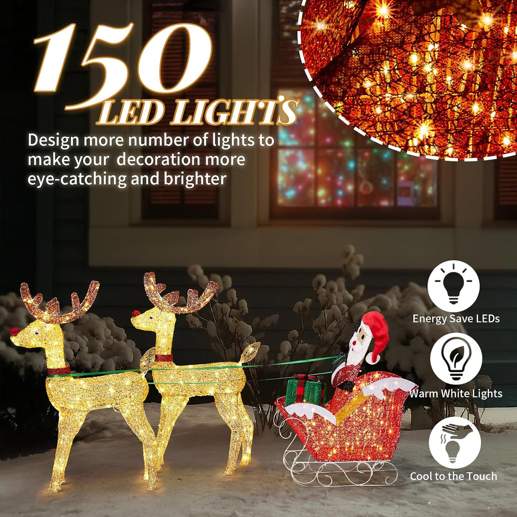 6FT Lighted Christmas Reindeer and Sleigh Outdoor Decorations, 2 Reindeer Pulling Santa's Sleigh, Warm White LED