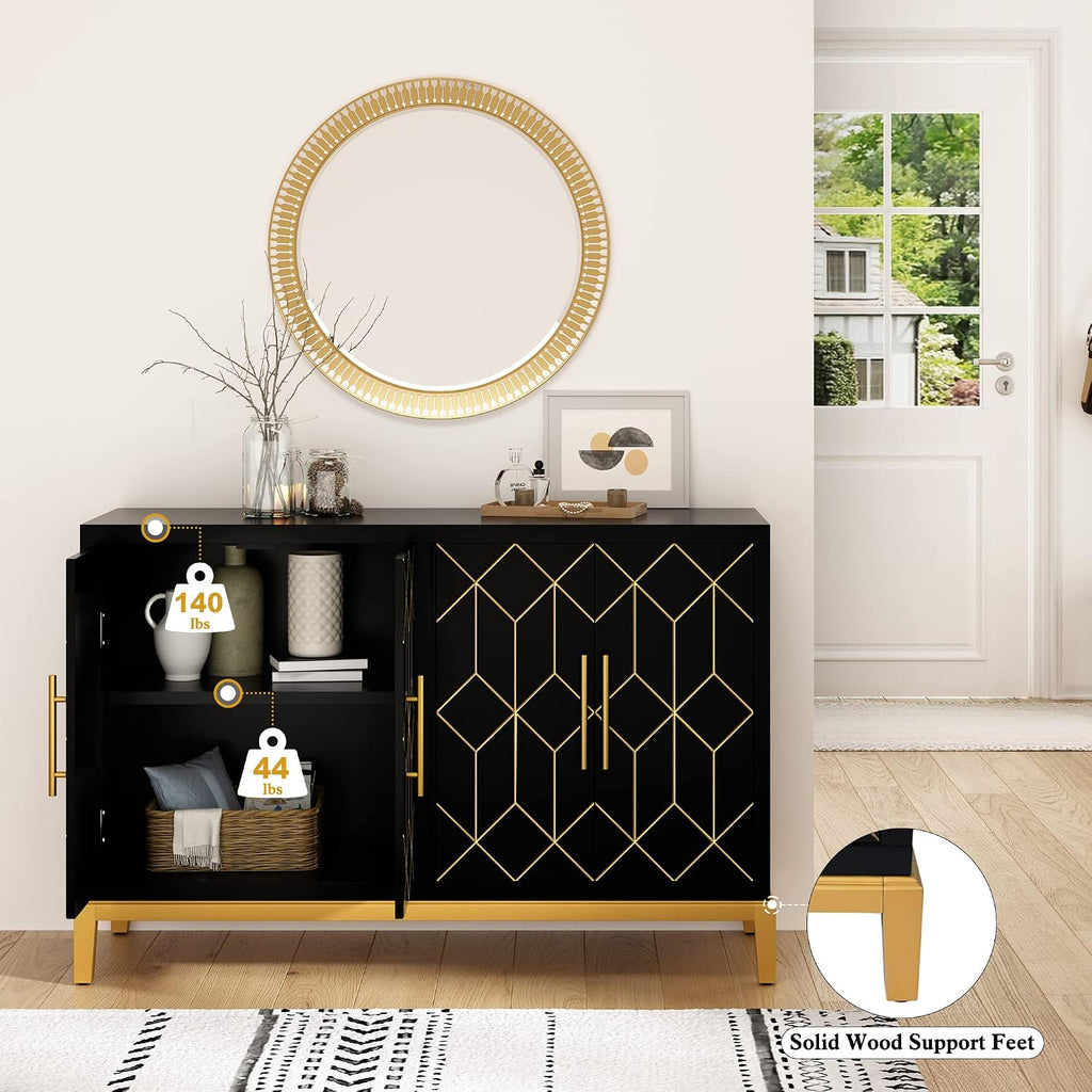 Accent Cabinet with 4 Doors&Shelves, Sideboard Buffet Cabinet with Gold Trim, Modern Black Storage