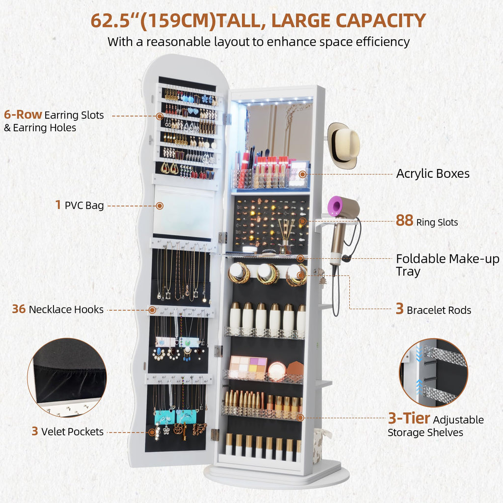 LED Mirror Jewelry Cabinet Standing, 360° Swivel, White