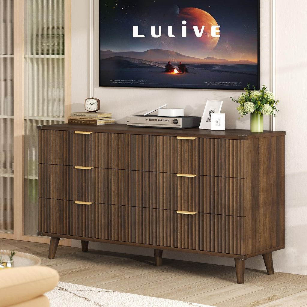 Wood Tall 6 Drawers Dresser, 53.2" W Fluted Modern Dressers