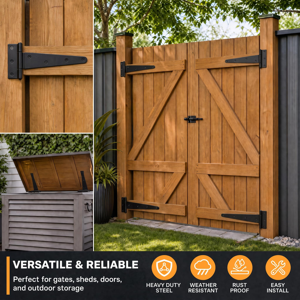 8 Inch Heavy Duty T Strap Hinges, 4 Pack Black Gate Hinges, Heavy-Gauge Steel, 8.8 oz Each, Screws Included for Shed