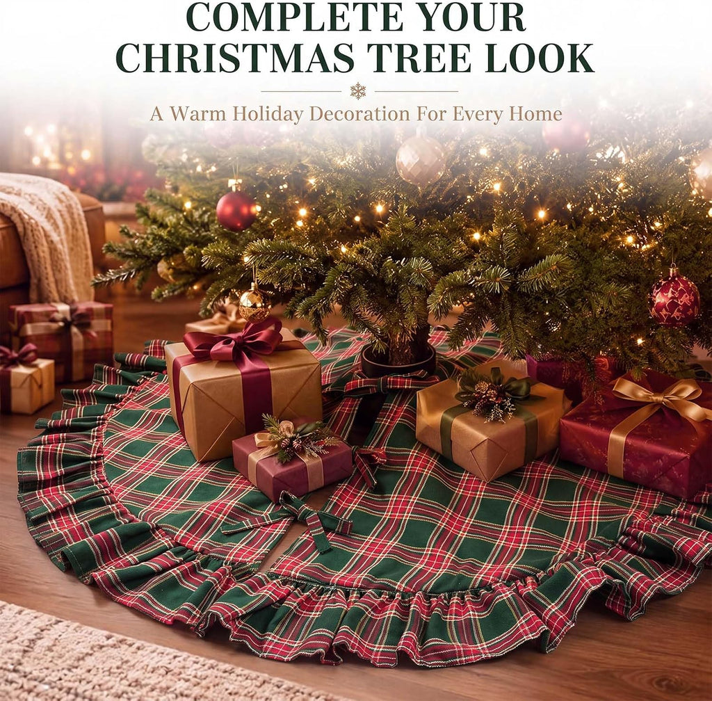 48 Inch Plaid Christmas Tree Skirt with Ruffle, Red Green Yellow