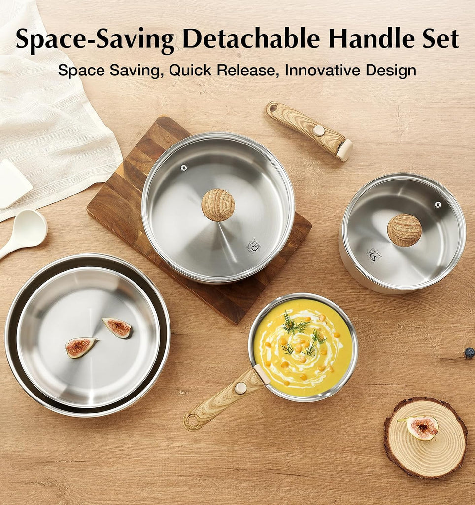 Stainless Steel Cookware Set, 18/10 Stainless Steel Pots and Pans Set 11PCS, Detachable Handle Pots and Pans for Easy