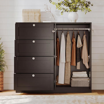 43''H Armoire Wardrobe Closet with 4 Drawers and 2 Doors | Small Clothing Storage Cabinet Dresser with Hanging Rod