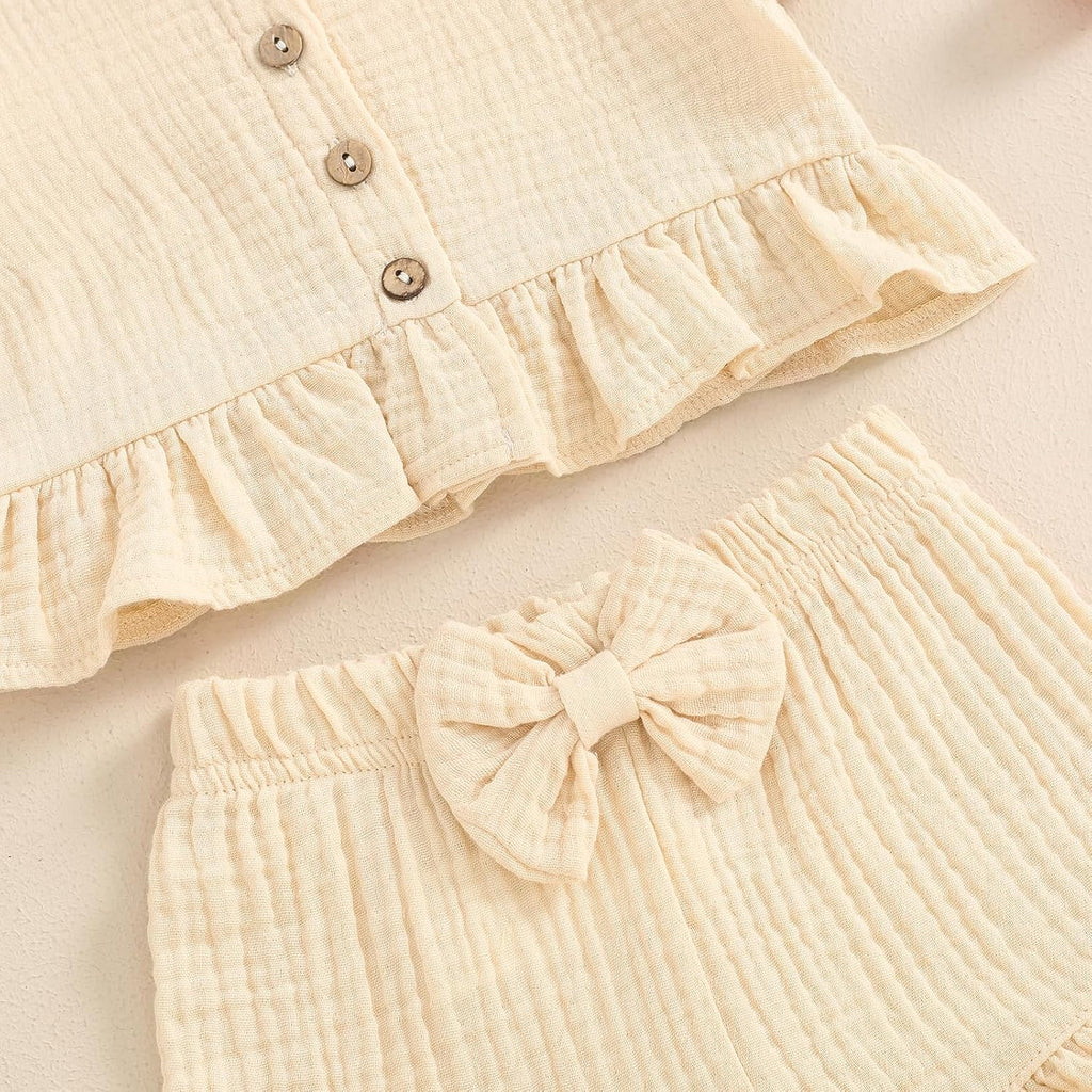 Toddler Baby Girl Solid Color Fly Sleeve Button Ruffle Tops+Bow Shorts Bubble Two Piece Summer Outfit Clothes Set