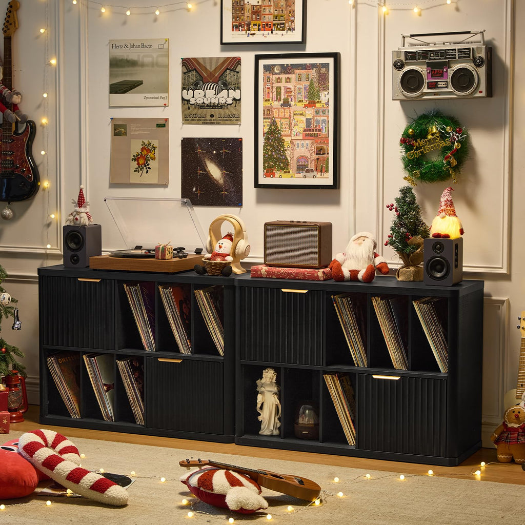 Large Record Player Stand with Vinyl Storage Up to 450 Albums, Wood Fluted Boho Record Storage Accent Cabinet, Modern