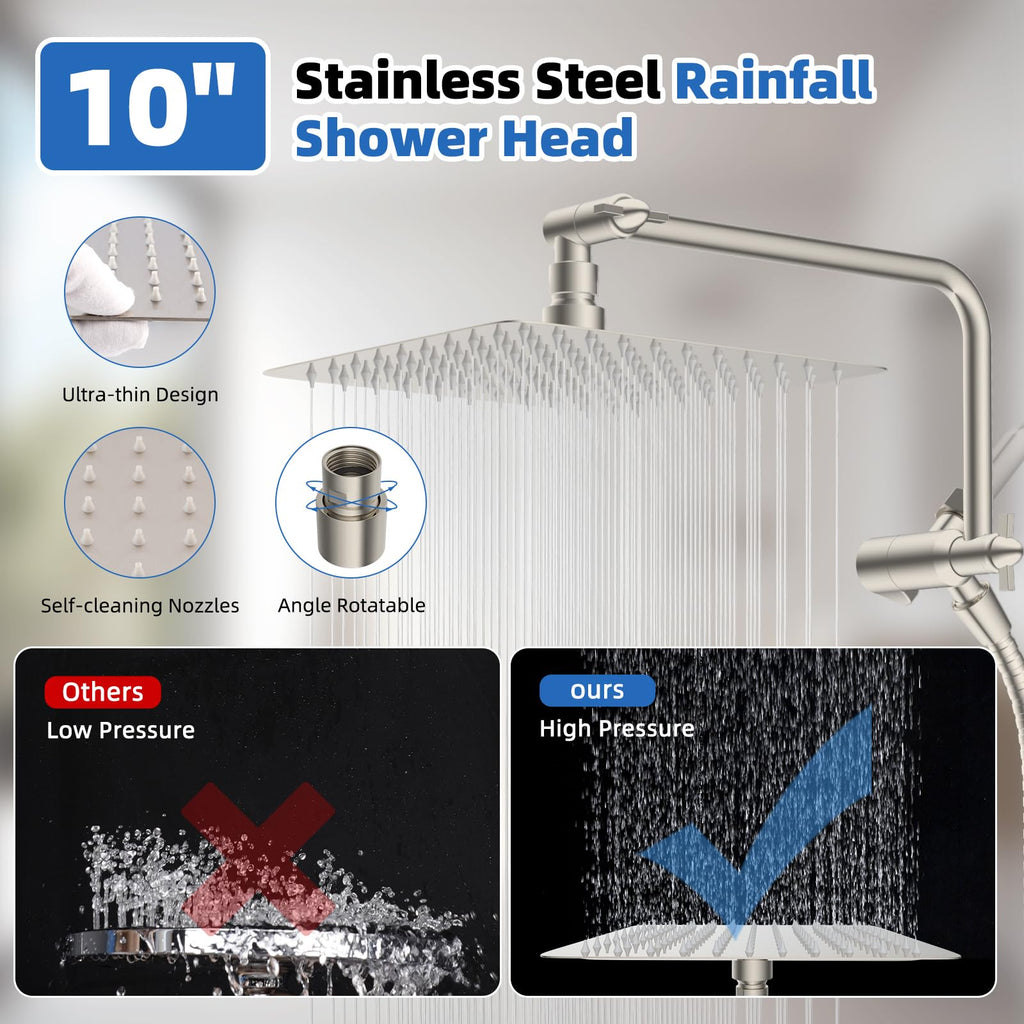 10" Metal Rainfall Shower Head with 10-Mode Handheld, Brushed Nickel