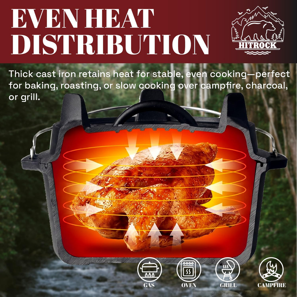 Cast Iron Camp Dutch Oven 9QT, Pre-Seasoned Camping Dutch Oven with Lid, Flat Bottom Outdoor Pot with Lid Lifter, Pot