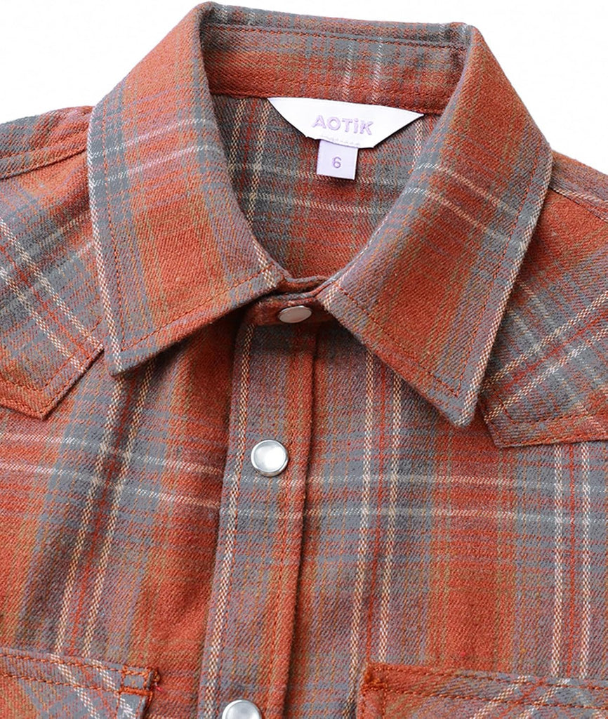 Boys Flannel Shirts Pearl Snap Western Long Sleeve Plaid Shirts