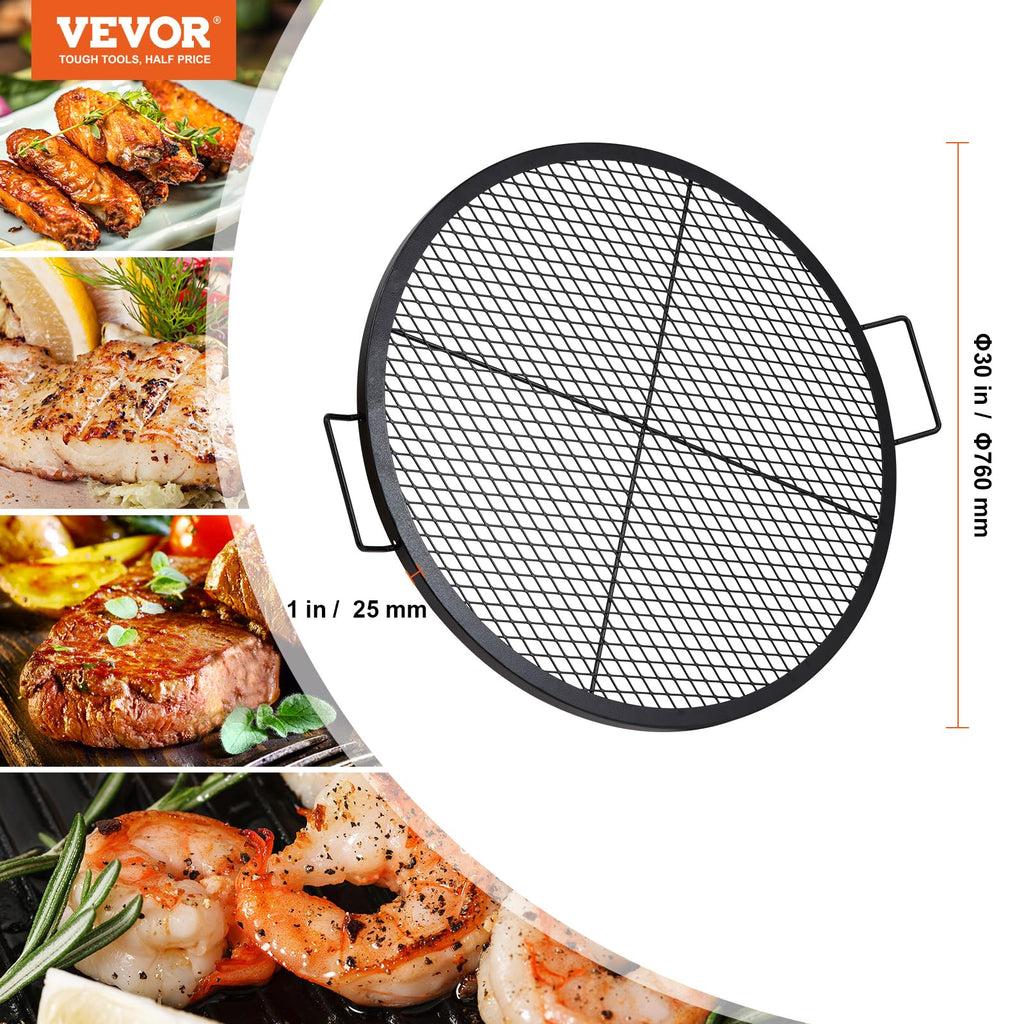 X-Marks Fire Pit Grill Grate, Round Cooking Grate, Heavy Duty Steel Campfire BBQ Grill Grid with Handle and Support X