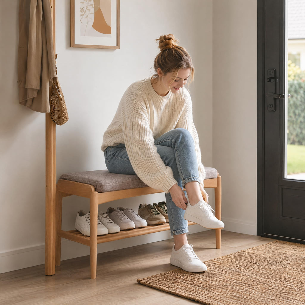 Oak Wood Shoe Bench, 40 Inch Entryway Bench with Gray Cushion
