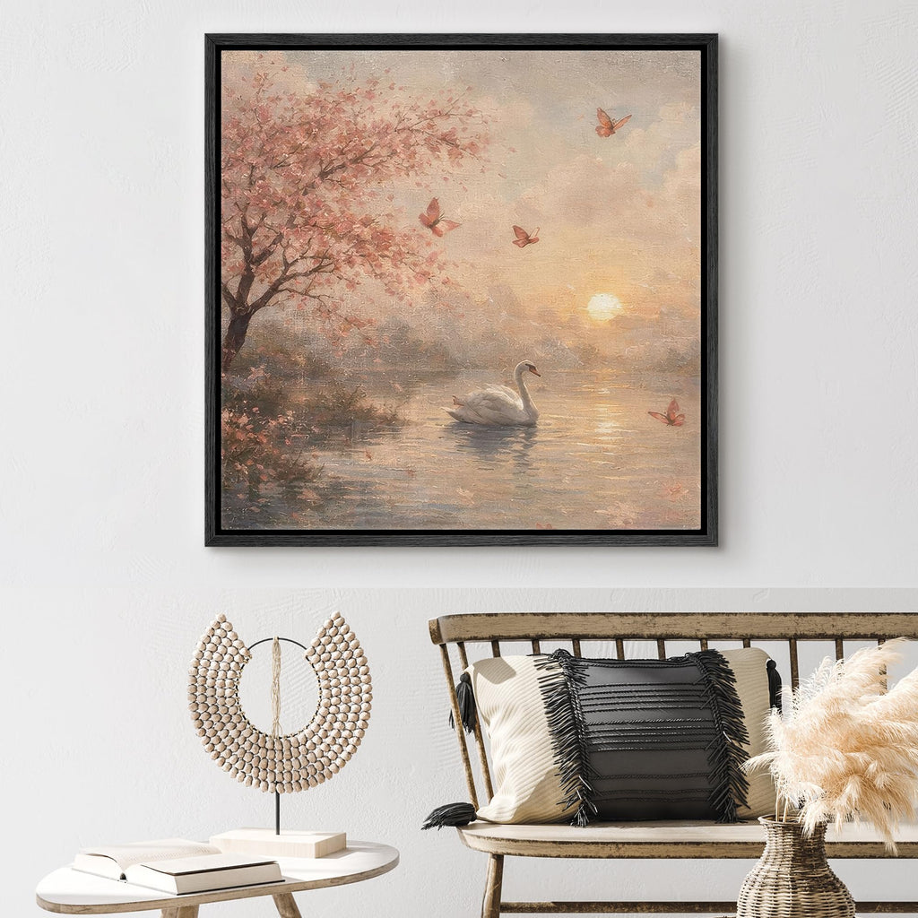 Framed Canvas Print Wall Art Swan Lake at Sunset with Cherry Blossoms Illustrations Realism Decorative Scenic