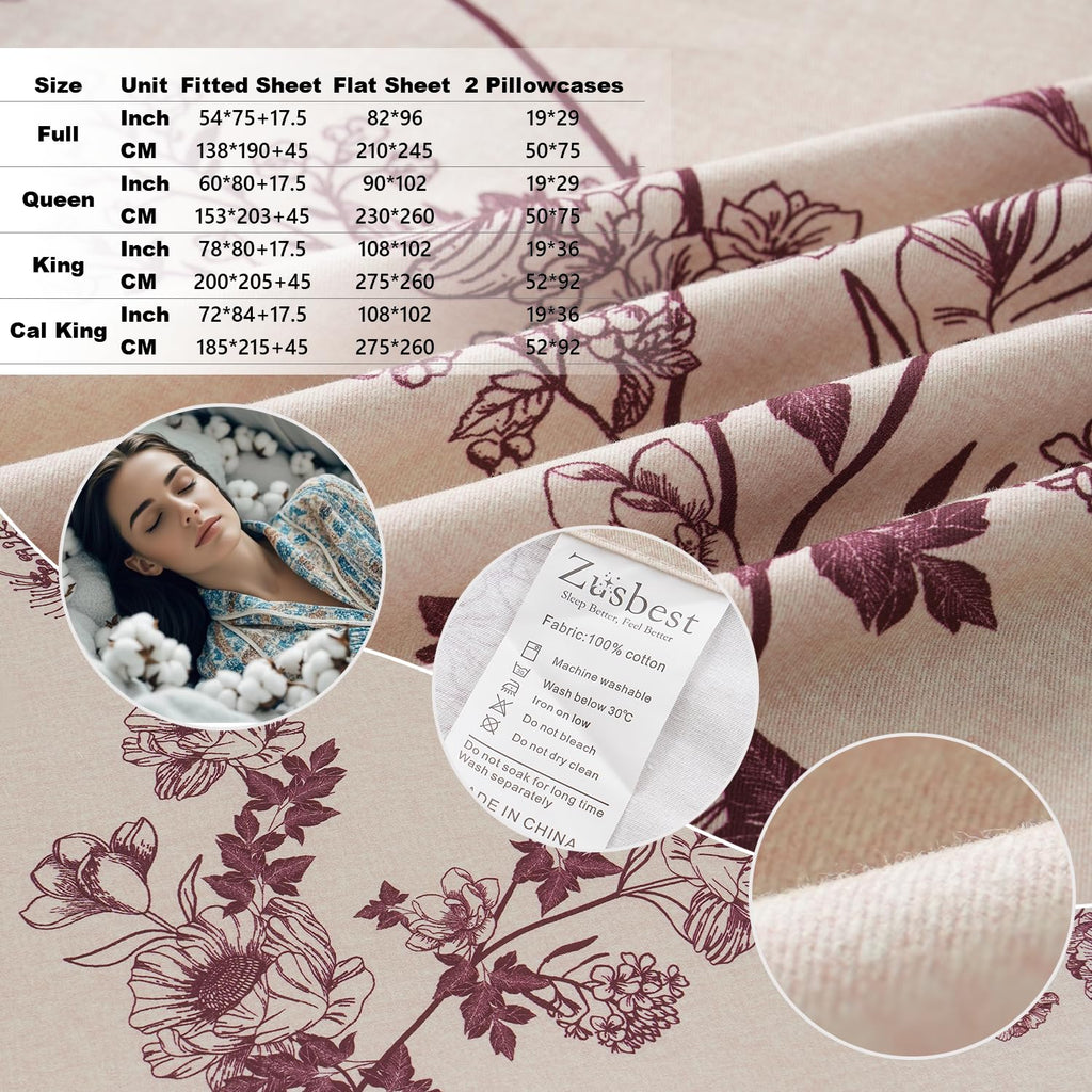 Sheets 100% Percale Cotton Red Floral Bed Sheet Set, Brushed Extra Softness, Breathable Luxury Toile