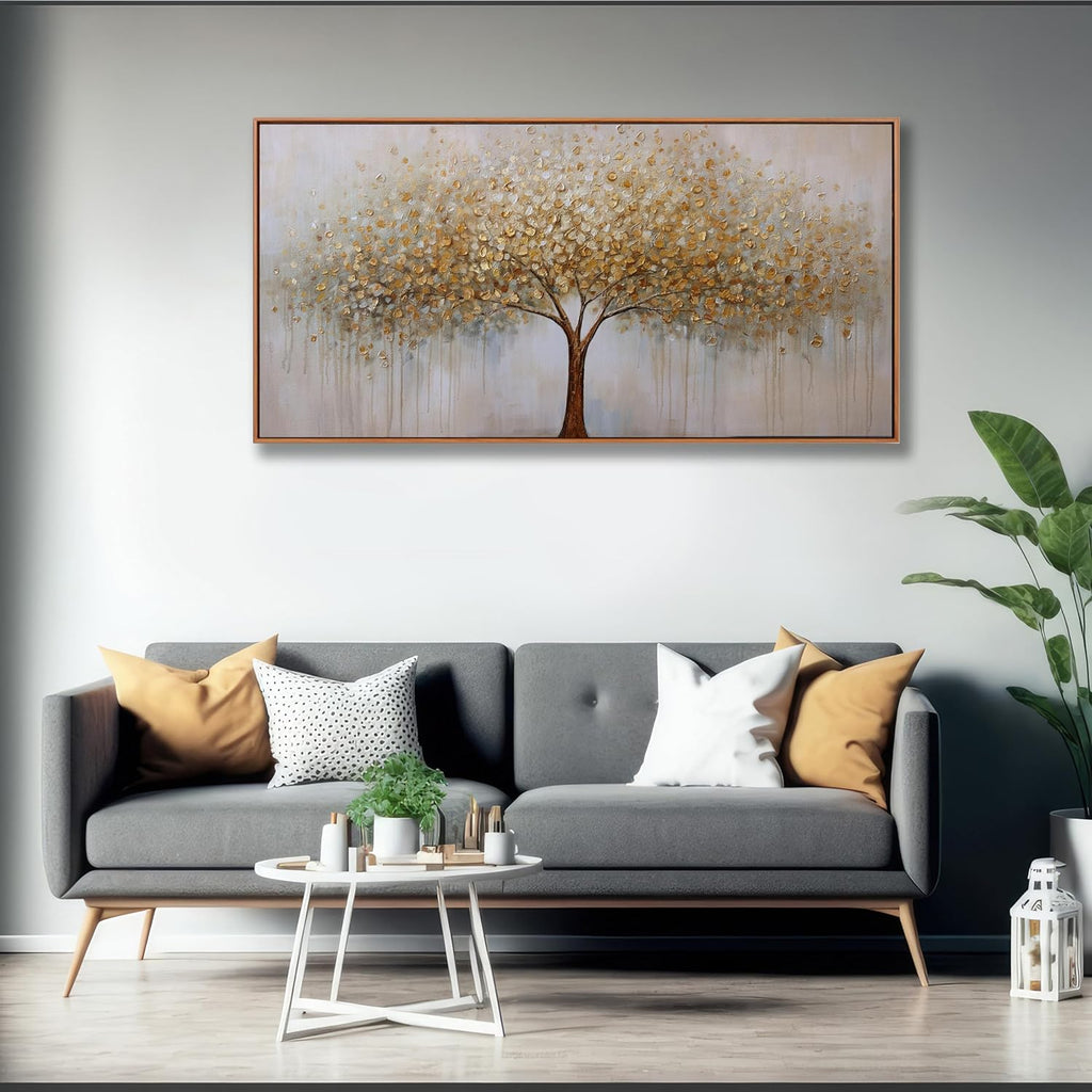 Wall Art Abstract Gold Tree of Life Framed Modern Artwork Canvas Painting Textured Tree Pictures Wall Decor Bedroom