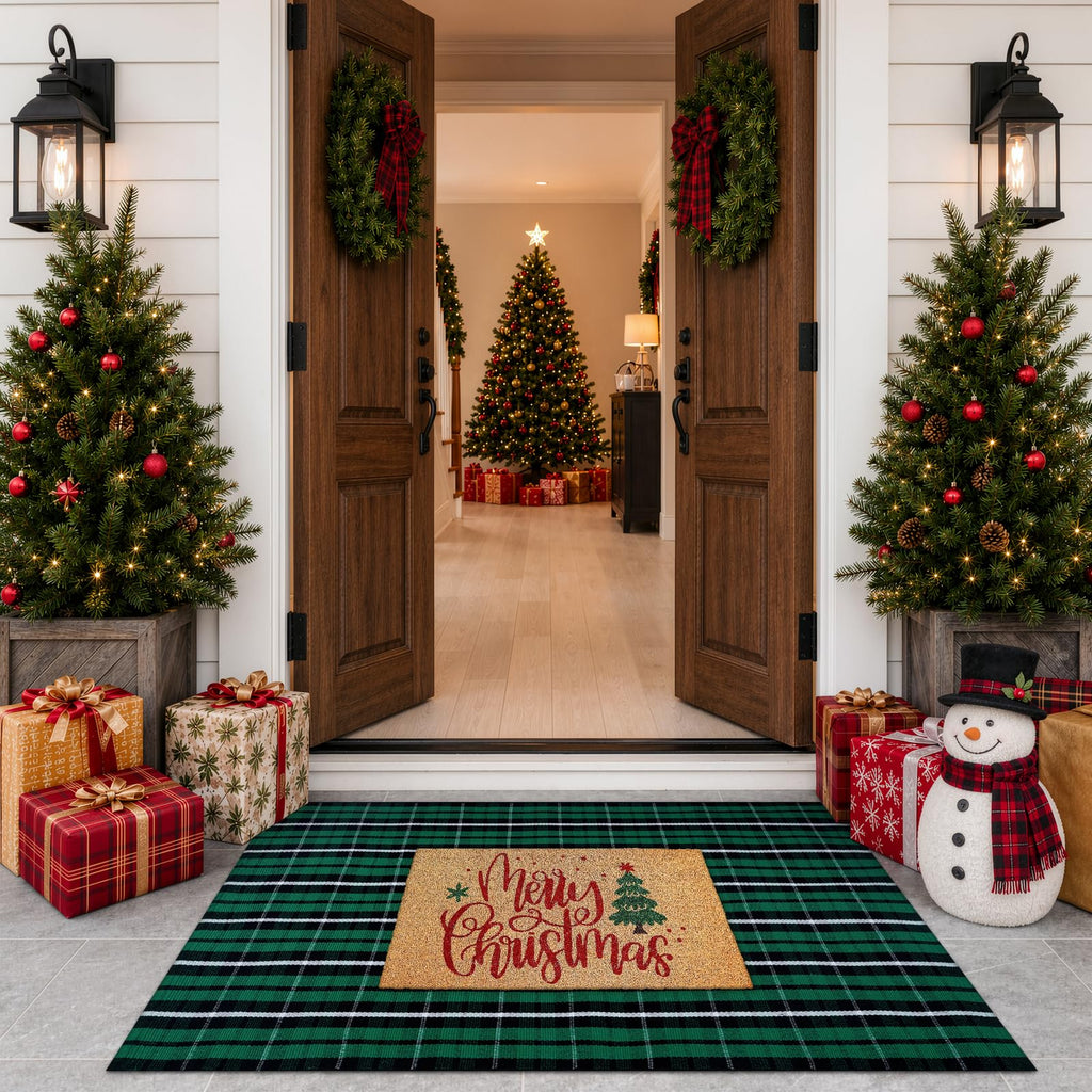 Christmas Door Mat Outdoor Buffalo Plaid Front Porch Rug Decor