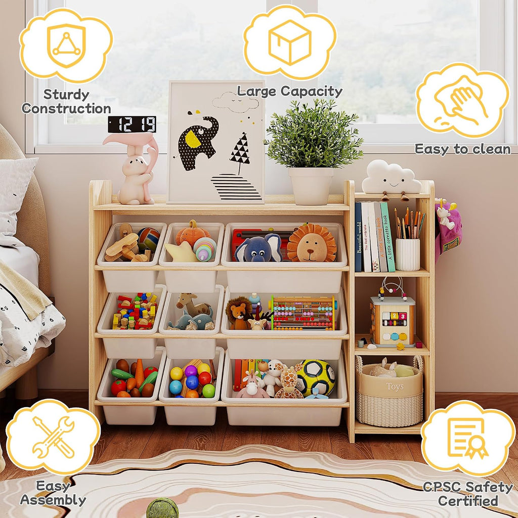 Kids Toy Storage Organizer, Wooden Shelf with 3 Tiers and 9 Storage Bins, Nursery Room Organizer for Books and Toys