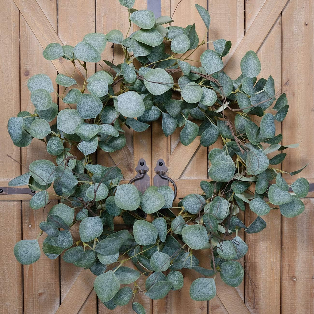 Eucalyptus Leaves Wreath Metal Polyester Fabric Paper Round Green Wreath 22 Inches for The Front Door Decor