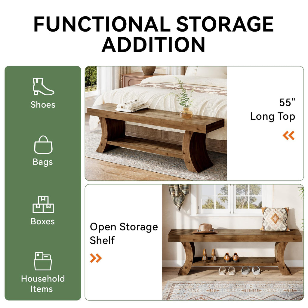 55" Solid Wood Entryway Bench, Rustic Farmhouse Shoe Storage Bench with Thick Curved Legs, Indoor End of Bed Bench