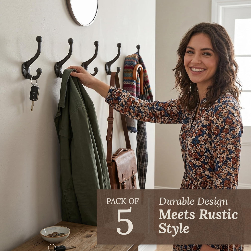 Rustic Cast Iron Coat Hooks (5 Pack) Wall Mounted Farmhouse Decorative Wall Hooks, Vintage Hooks for Hanging Coats