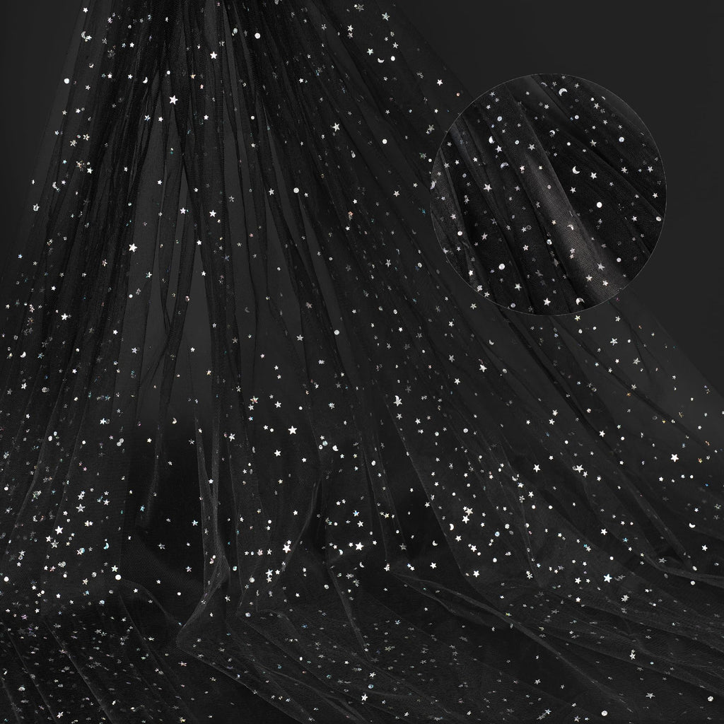 59 Inch x 8 Yard Silver Stars and Moon Tulle Fabric Black