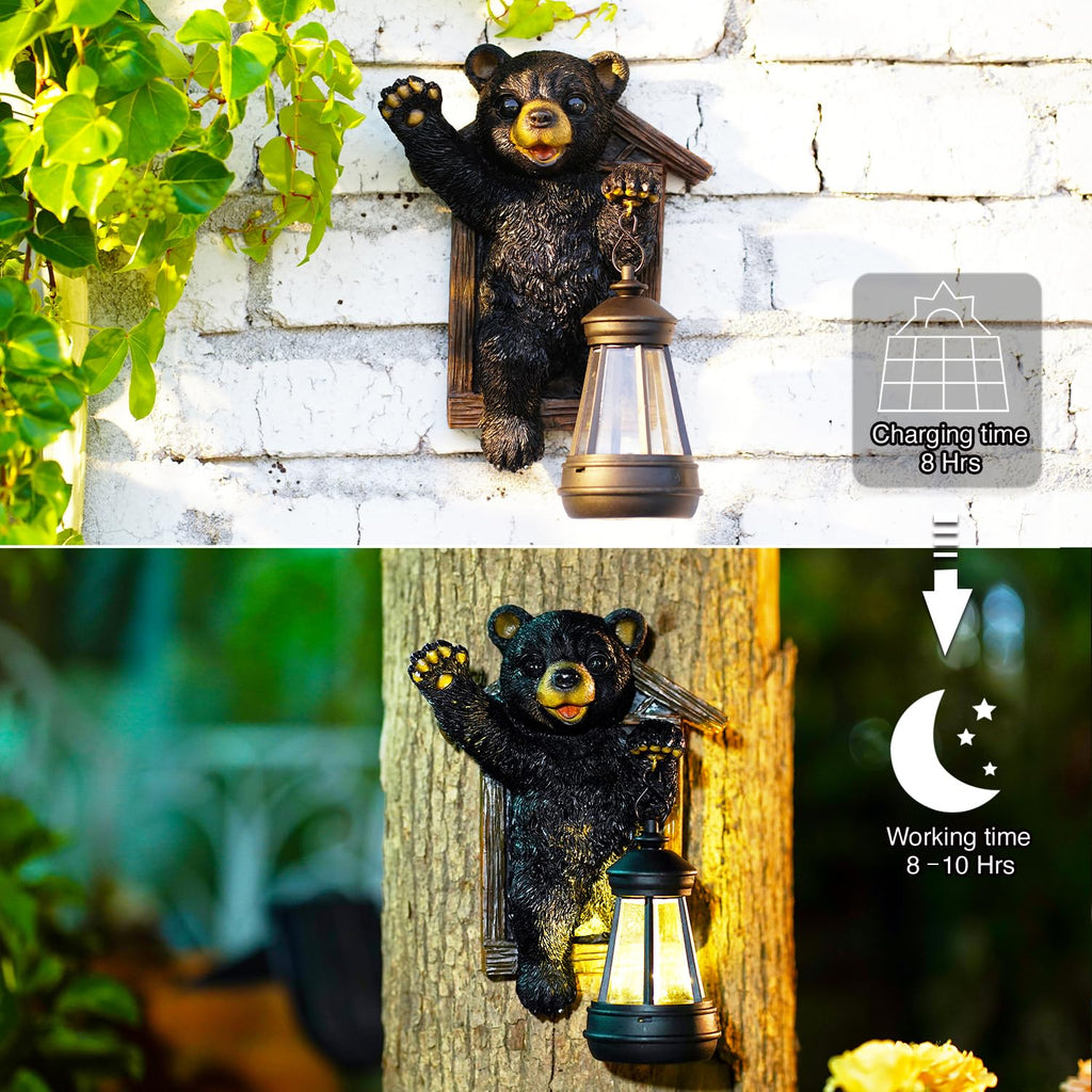 Black Bear Tree Hugger with Solar Lantern - Garden Statue for Yard