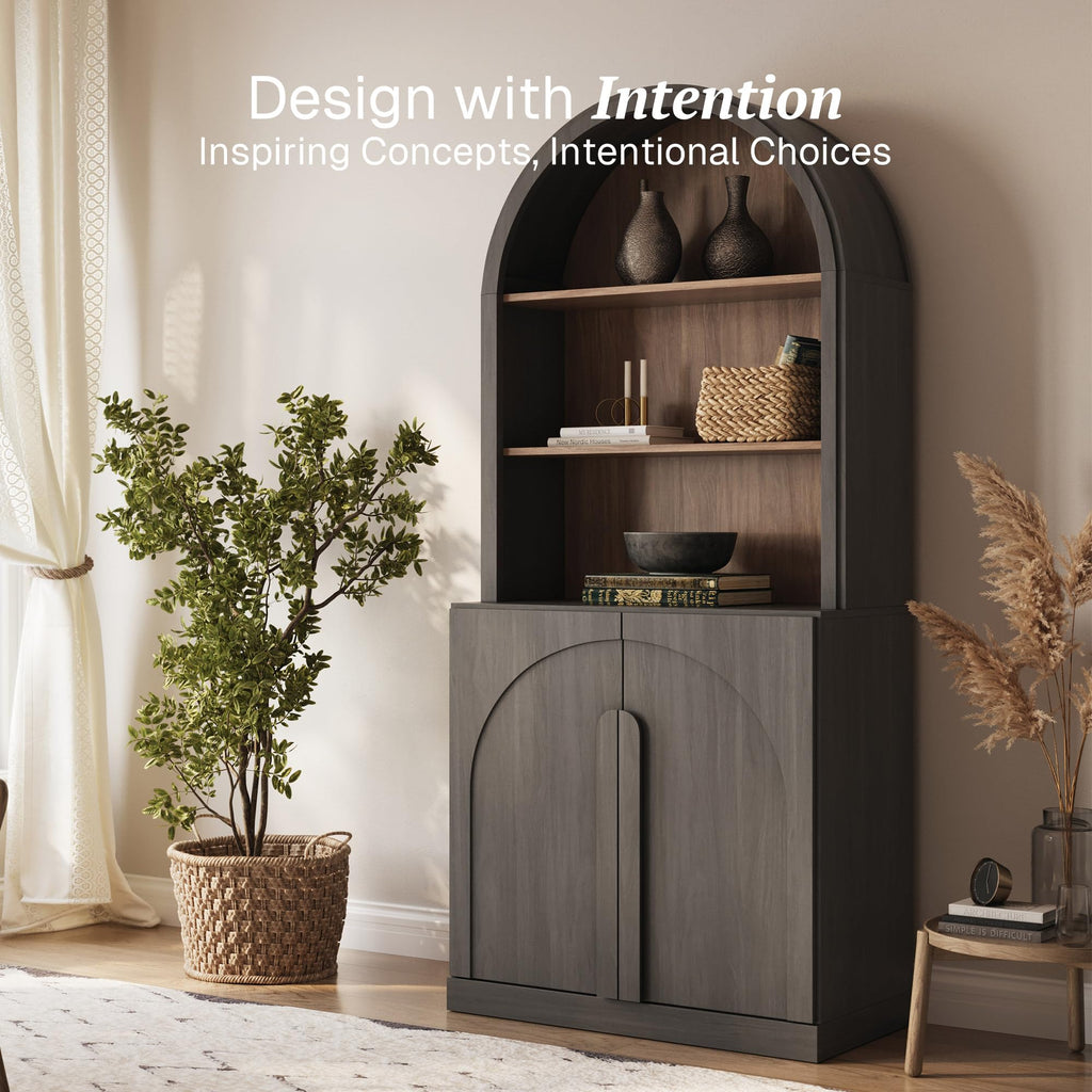 Arched Bookshelf with Adjustable Shelf, 71" Tall Curio Display Cabinet with Wood Door, 5 Tier Modern Bookcase Shelf