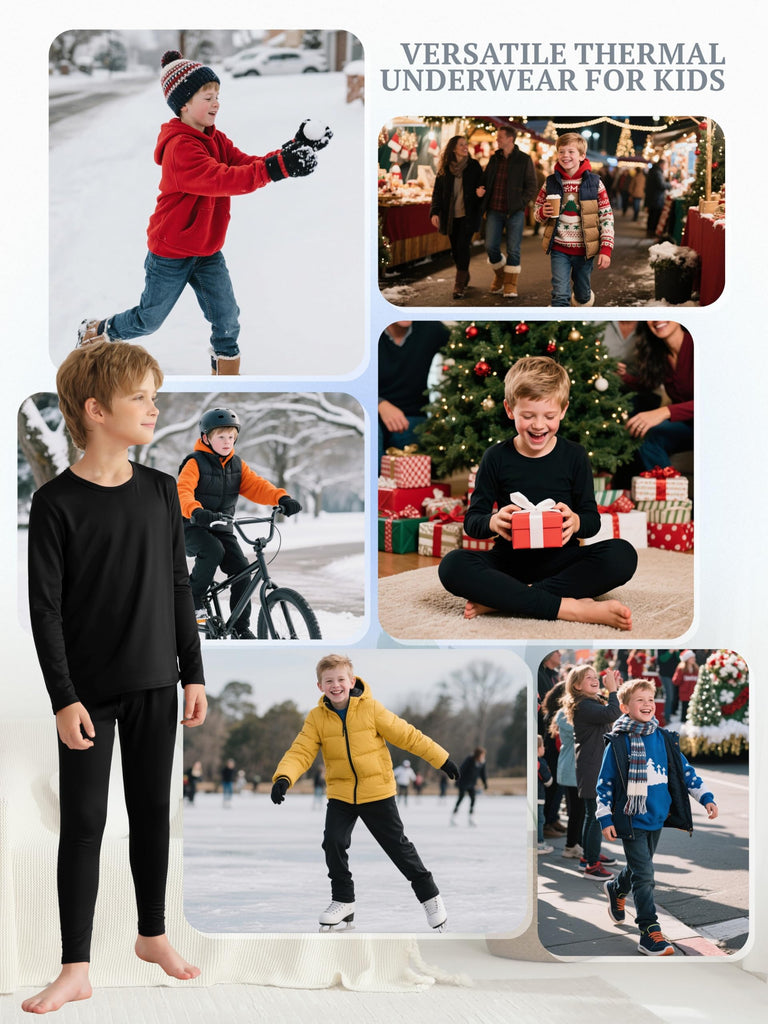 3 Set Boys Thermal Underwear Set, Kids Thermal Long Johns Boy Fleece Lined Base Layer for Skiing, Cold Weather