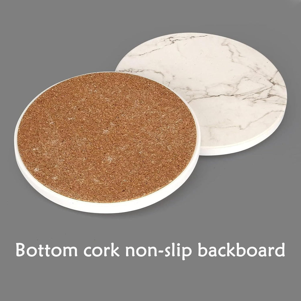 4inch Round White Marble Coaster with Gold Storage Rack - Set of 6