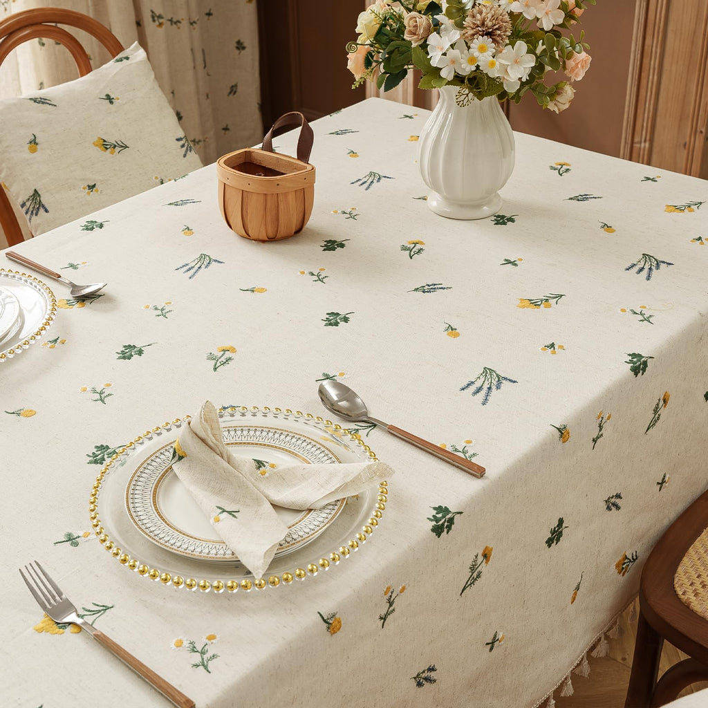 Boho Linen Blend Tablecloth 60 x 60 Inch, Beige Embroidered Daisy Floral Table Cover with Tassel Fringe, Soft