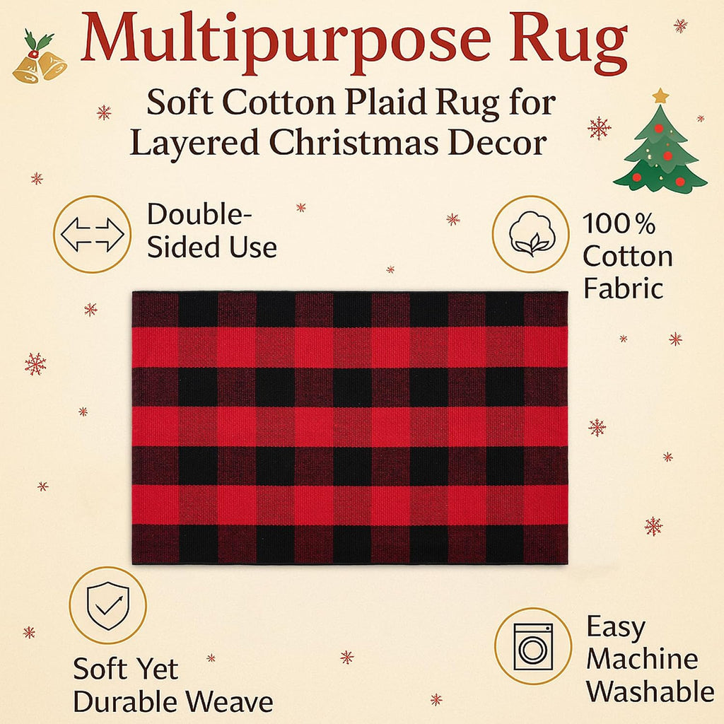 Christmas Door Mat Combo Set - 100% Coco Coir Welcome Mat + 28 x 43 Inch Red and Black Plaid Rug, New Year Holiday