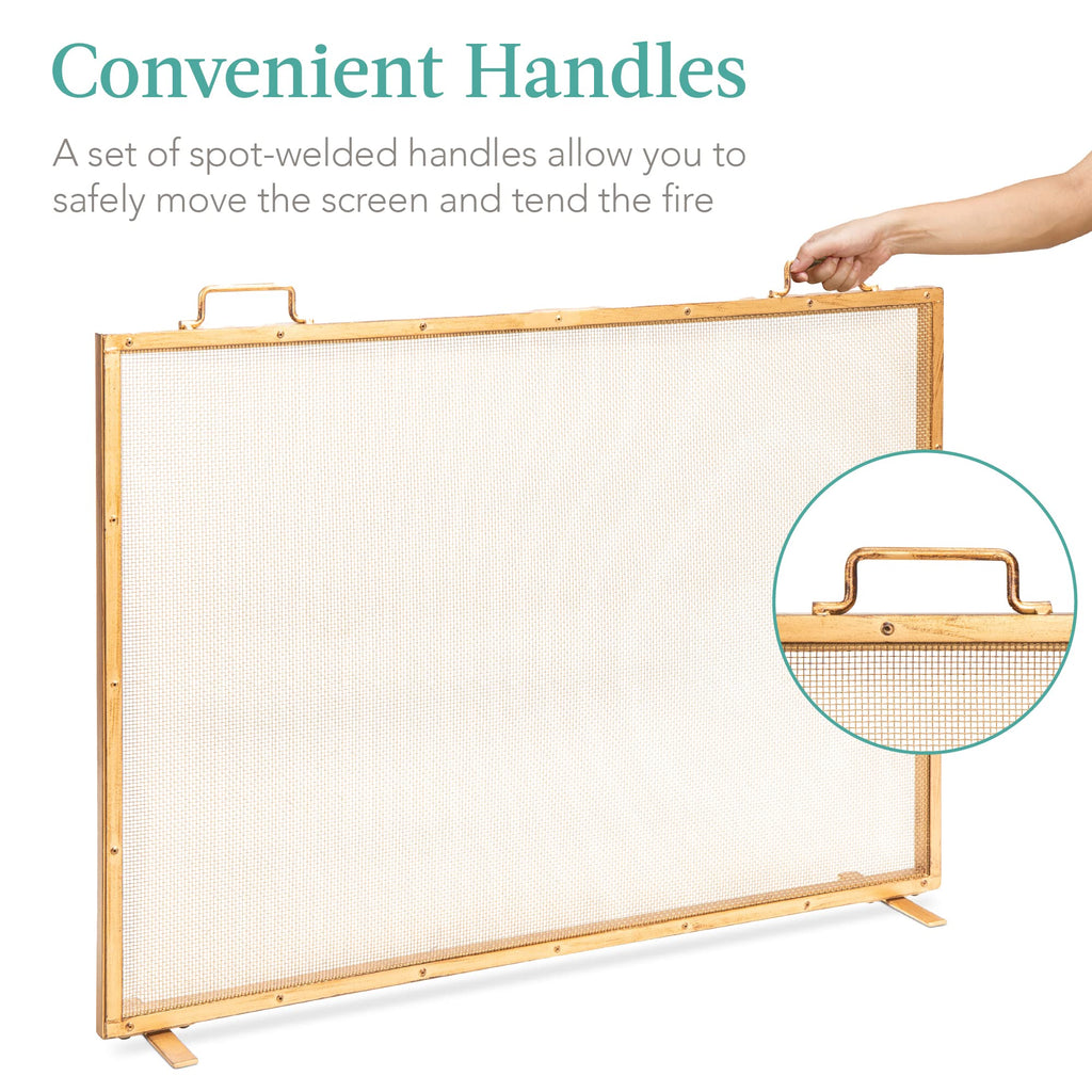 38x27in Single Panel Fireplace Screen Handcrafted Steel Mesh Spark Guard Décor w/Handles - Antique Gold