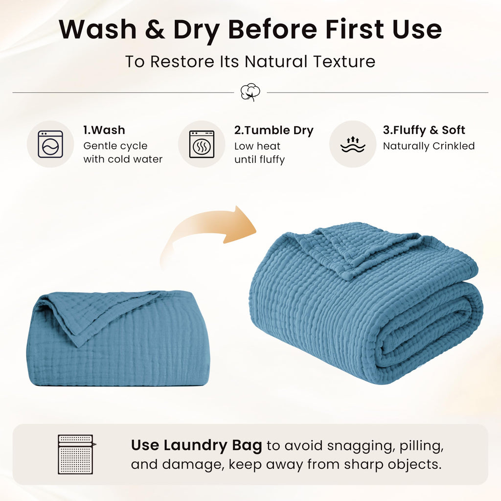 100% Cotton Muslin Blanket Large Throw for Couch, Misty Blue